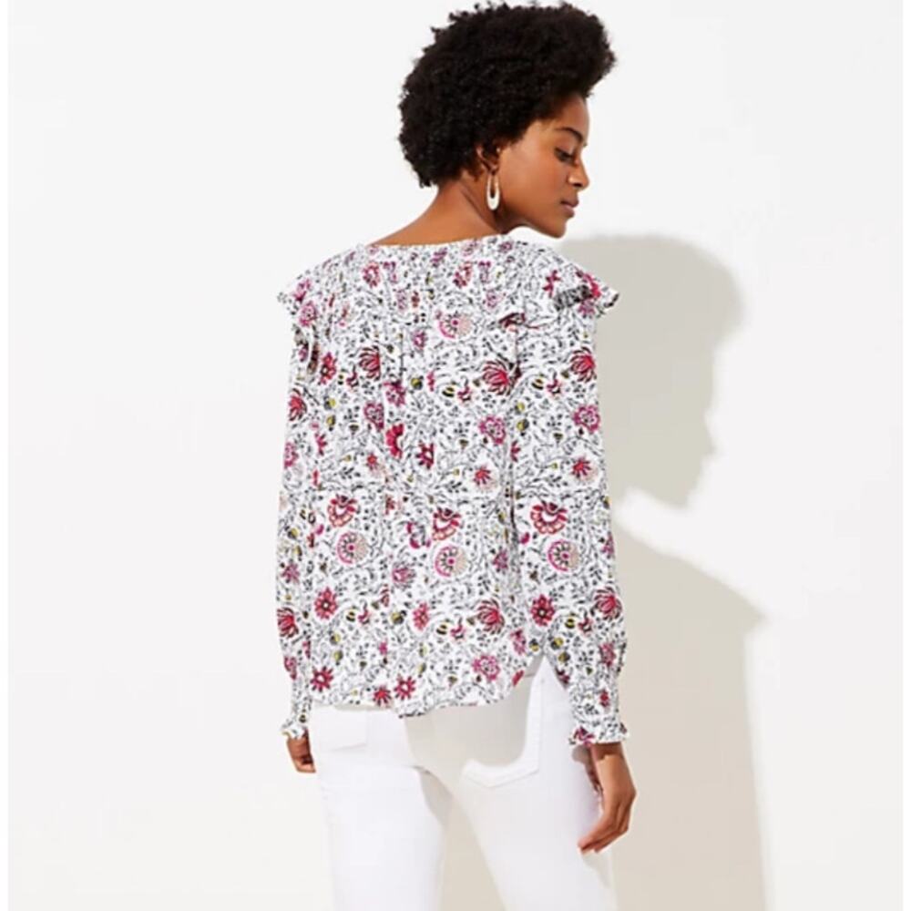 LOFT Women’s Tapestry Smocked Ruffle Blouse Size Medium - Picture 2 of 12